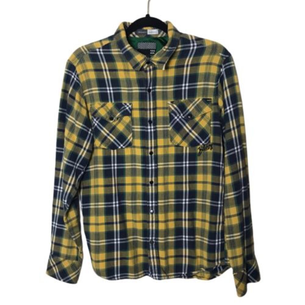Billabong Shirt Mens Small Yellow Blue Plaid Pearl Snap Chest Flap Pockets